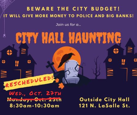 Flyer promoting the City Hall Haunting action protesting Lightfoot's proposed 2022 municipal budget 