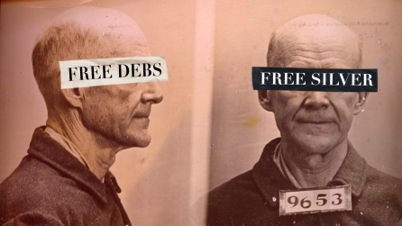 Eugene Debs arrest photo. The profile mugshot has a caption "Free Debs" across Debs' eyes. The closeup has a caption across his eyes reading "Free Silver," a Populist slogan.